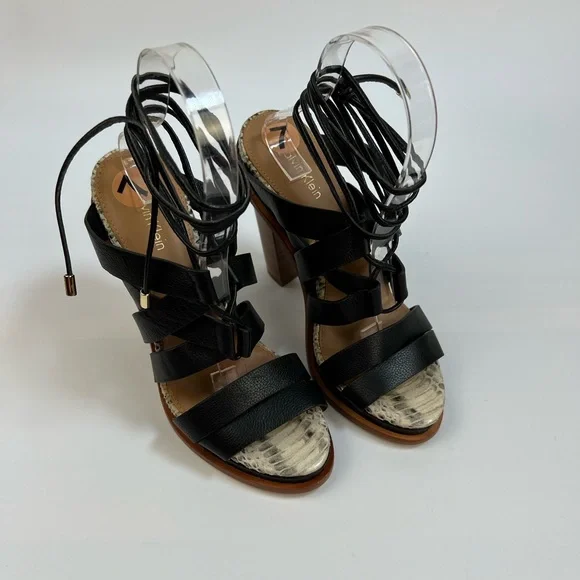 Calvin Klein Penelope Black Leather Strappy Lace-Up Block Heel Sandals 7 - Picture 6 of 14